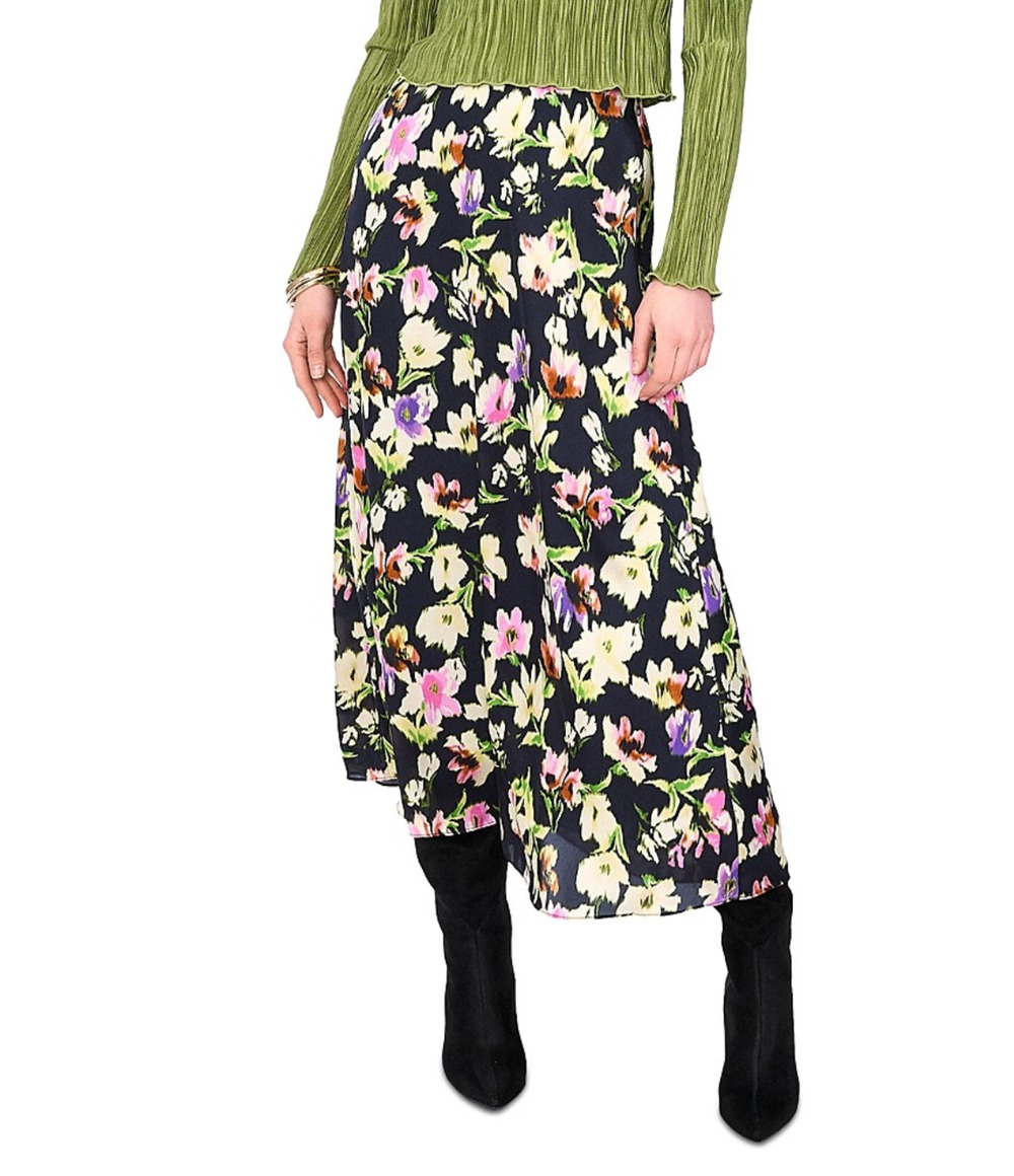 Vince Camuto Women Floral Print A-Line Midi Skirt Black Multi Size S